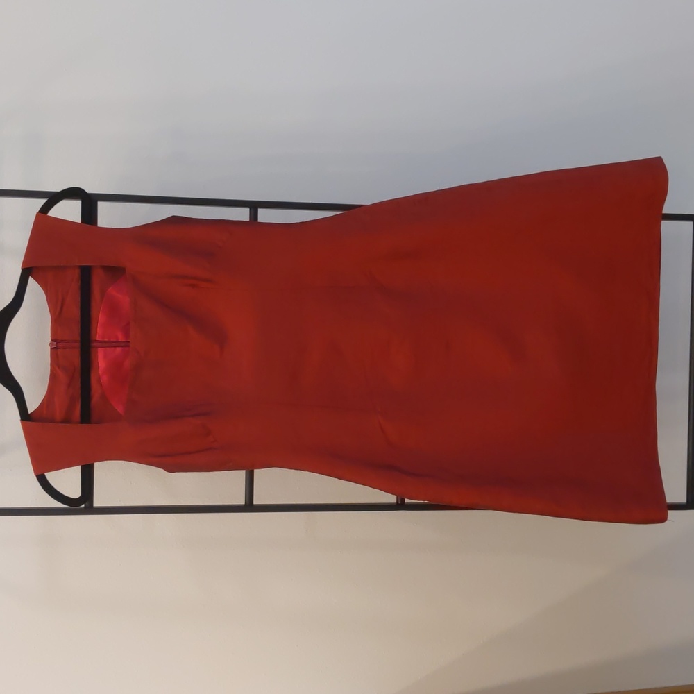 Red lined silk cocktail party dress square neckline